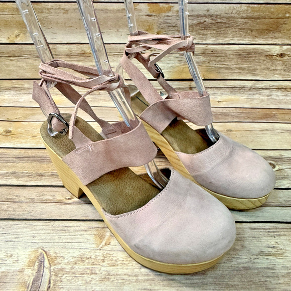 Free People Womens Pink Suede Cedar Wood Heel Clog Strappy Shoes 8.5 Soft Boho - Picture 1 of 9